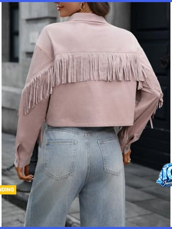 Faux Suede Fringe Jacket Crop Collar Drop Shoulder Long Sleeve Button - Picture 2 of 7